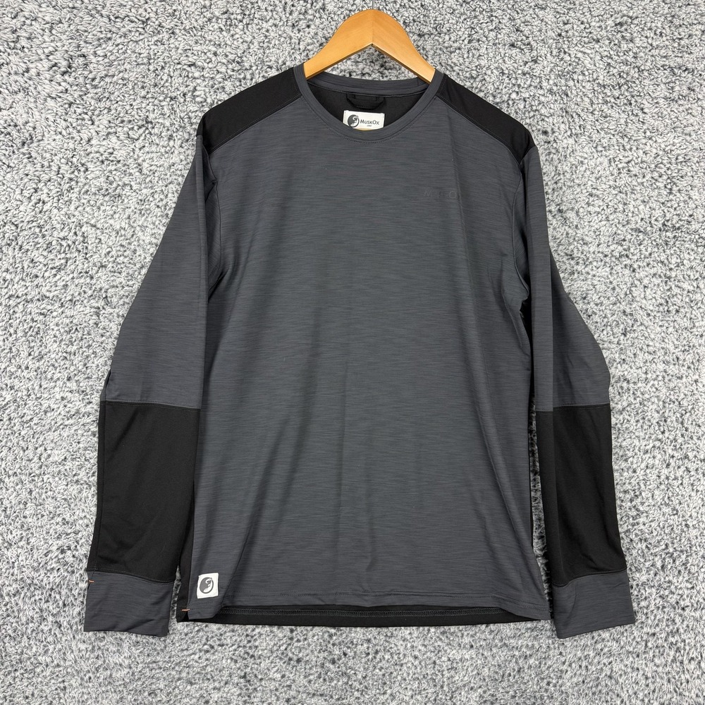 MuskOx Shirt Mens Large Gray Black Long Sleeve Performance Athletic Crewneck